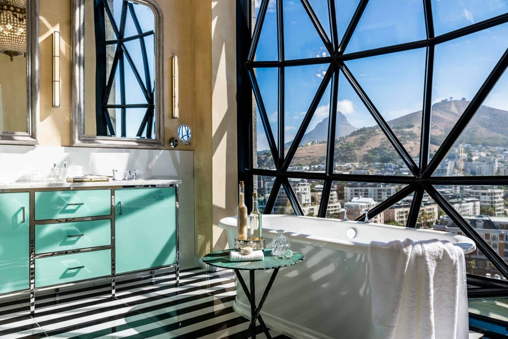 Modern luxury hotel with geometric windows in converted grain silo tower, set against Cape Town waterfront at sunset