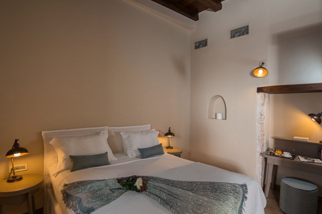 Elegant white-walled standard double room with plush bed, minimalist decor, soft lighting, and large window overlooking scenic Greek landscape at Serenissima Boutique Hotel