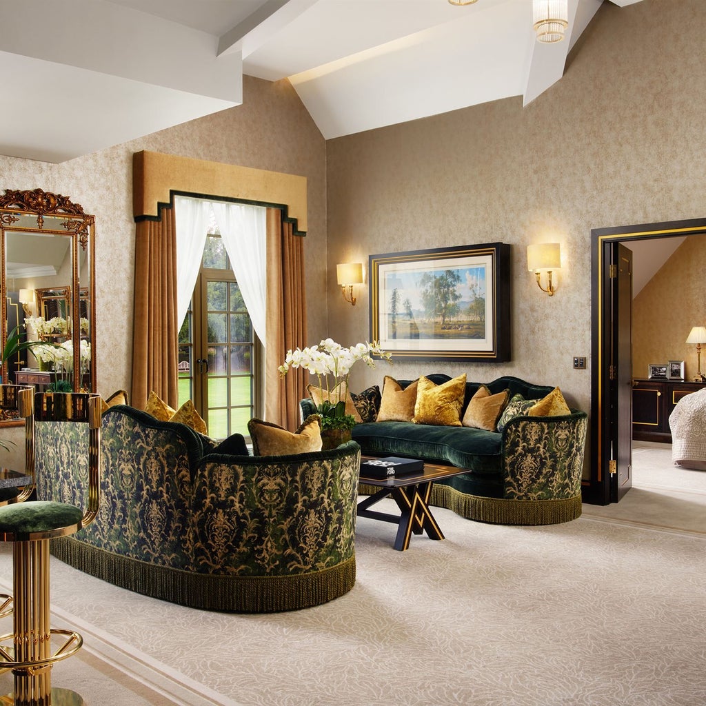 Opulent royal suite at Grantley Hall with plush cream-colored furnishings, elegant chandelier, and expansive windows overlooking pristine landscaped grounds in the United Kingdom