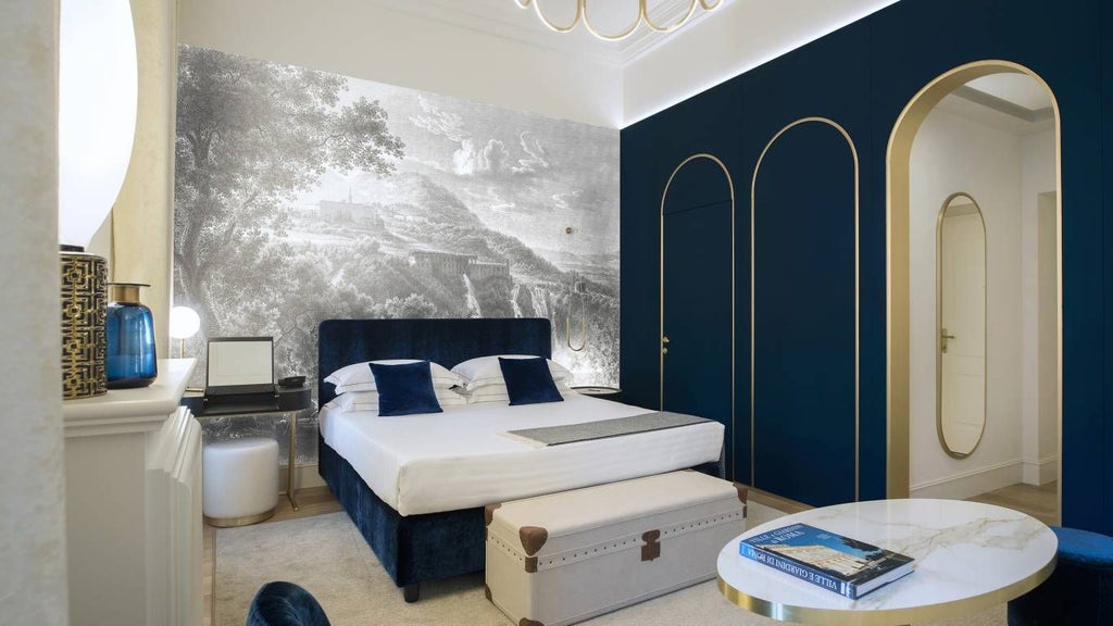 Luxurious deluxe junior suite at a boutique hotel in Rome, featuring elegant modern decor, plush bedding, and soft neutral color palette with Italian design elements