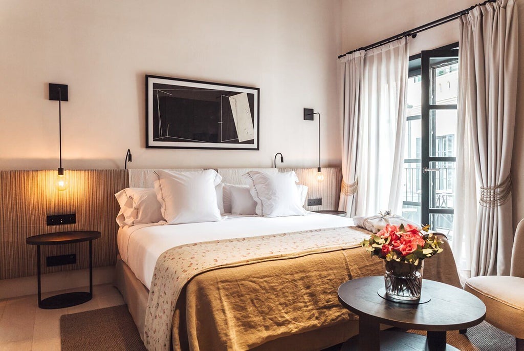 Luxurious minimalist hotel room with sleek design, elegant neutral tones, pristine white bedding, and modern Spanish architectural elements in Palma de Mallorca