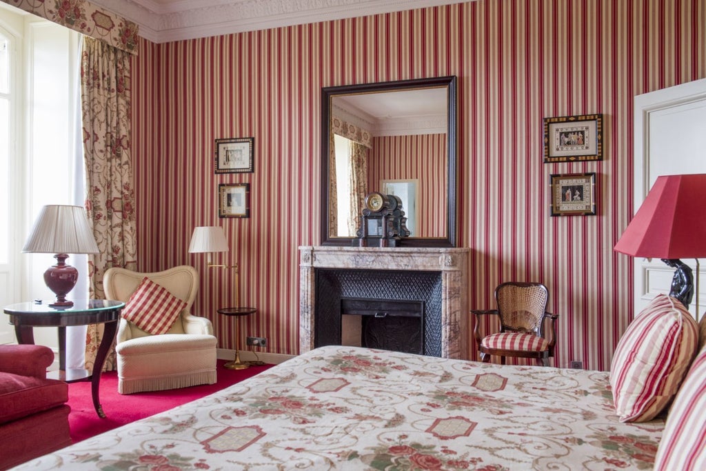 Elegant French hotel room with crystal chandelier, period furnishings, floral wallpaper, and floor-length drapes framing garden views