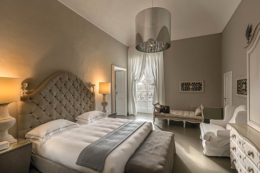 Luxurious grand suite with elegant white-draped bed, marble floors, arched windows overlooking scenic Italian landscape at scenic Villadorata estate