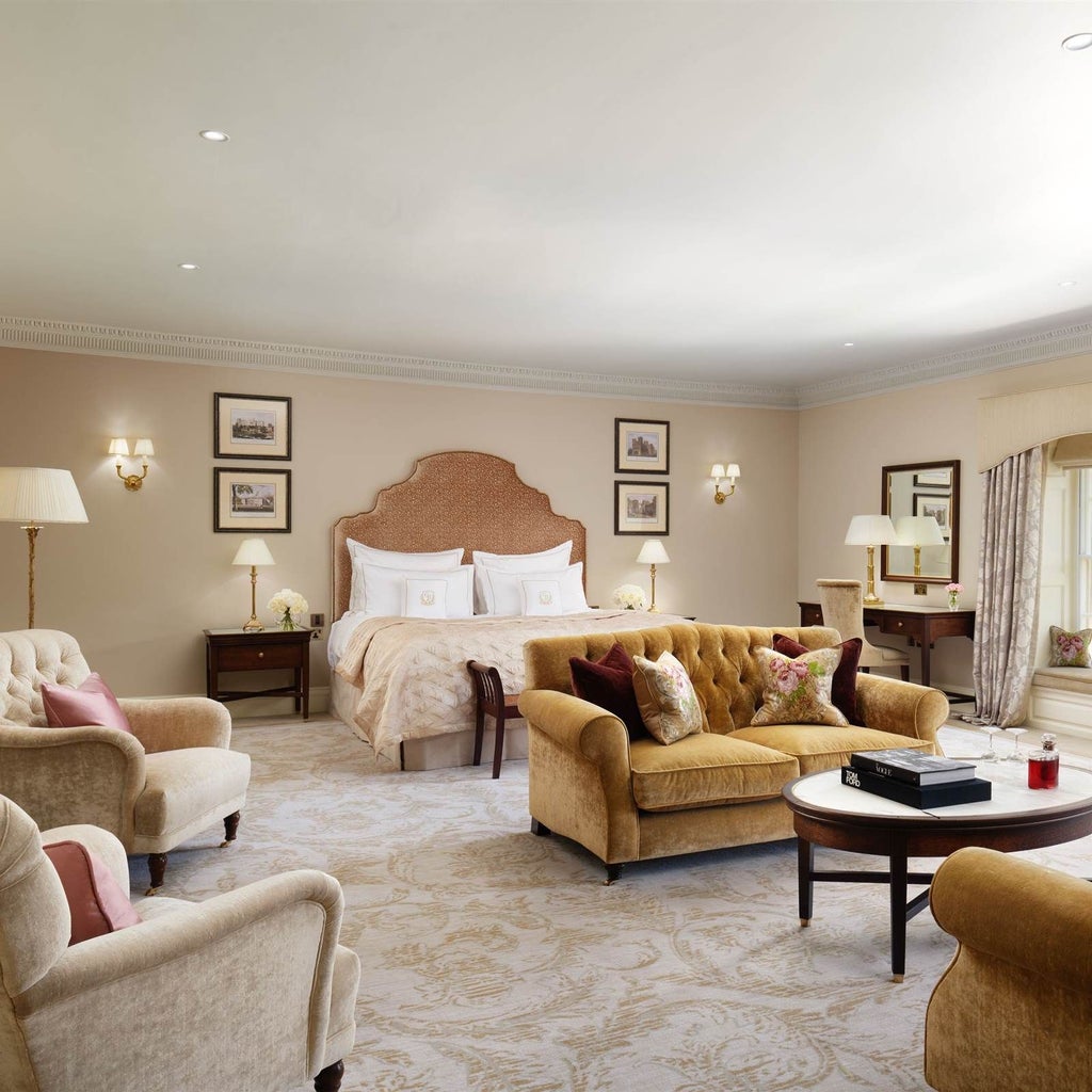 Opulent king suite with elegant cream and gold color palette, plush furnishings, floor-to-ceiling windows overlooking manicured grounds at luxury UK countryside hotel