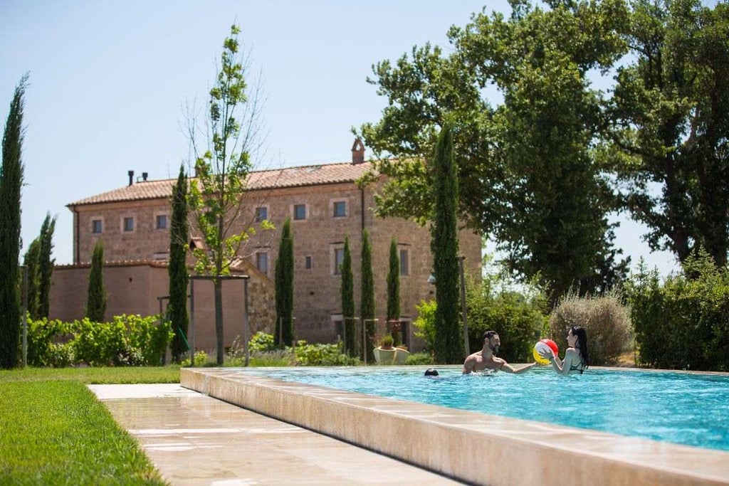 Elegant Italian villa with stone facade, arched windows and flowering vines, surrounded by manicured garden and cypress trees