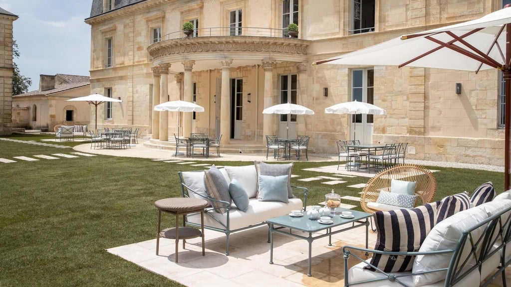 Elegant French château-style hotel with manicured gardens, stone facade, and ivy-covered walls nestled in scenic Bordeaux wine country landscape.