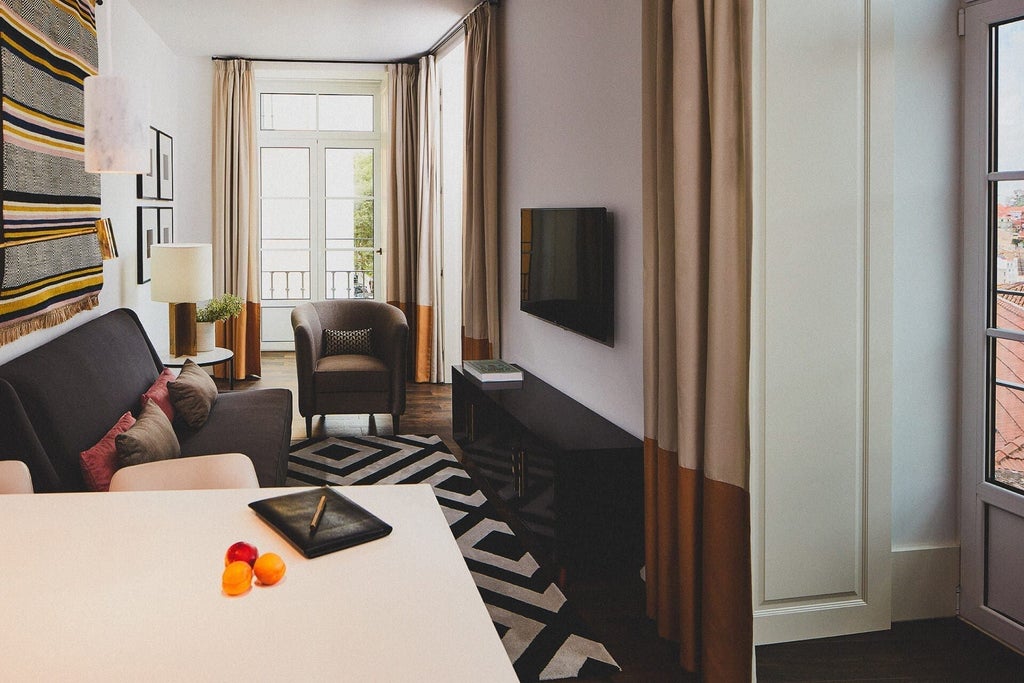 Spacious one-bedroom suite at The Lumiares Hotel & Spa, featuring elegant design, plush white bedding, and panoramic views of Lisbon's charming cityscape.