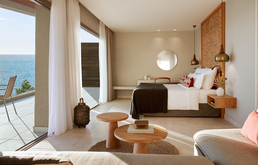 Luxurious standard double room with panoramic Aegean Sea view, modern minimalist design, plush white bedding, and elegant coastal-inspired decor in Greece.