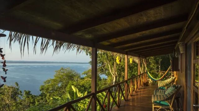 Elegant Argentine hotel room with rustic wooden furnishings, crisp white linens, and large windows overlooking lush tropical garden landscape at Scenset La Lancha