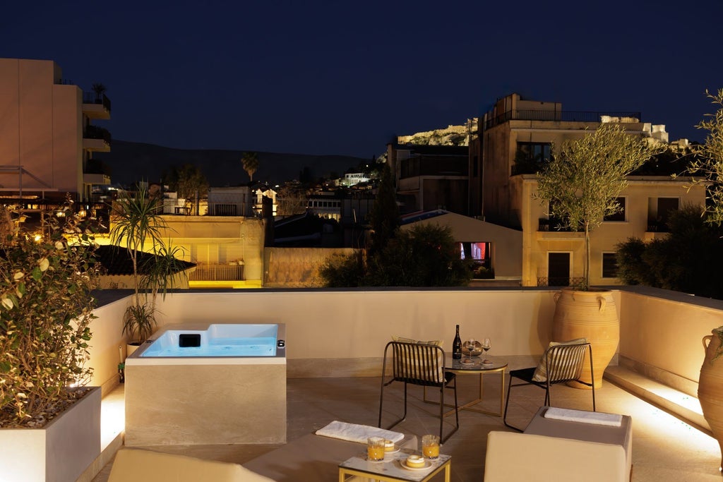 Elegant stone villa with terracotta roof nestled in lush Greek landscape, featuring serene Mediterranean architecture and panoramic scenic views