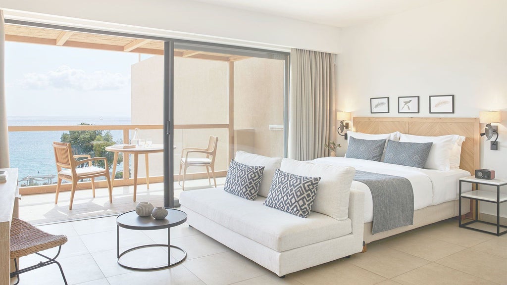 Elegant double supreme deluxe hotel room at ELIVI Skiathos with minimalist design, white linens, wooden accents, and panoramic Greek island view