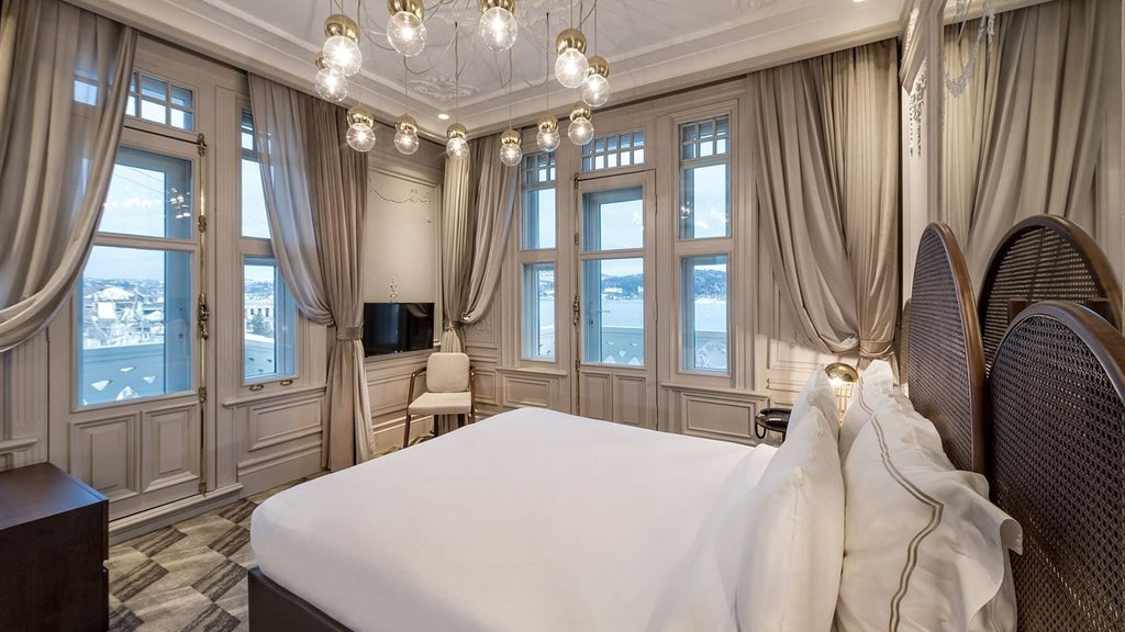 Luxurious executive suite overlooking Bosphorus, featuring modern design with plush king bed, elegant marble bathroom, and floor-to-ceiling windows with stunning water views