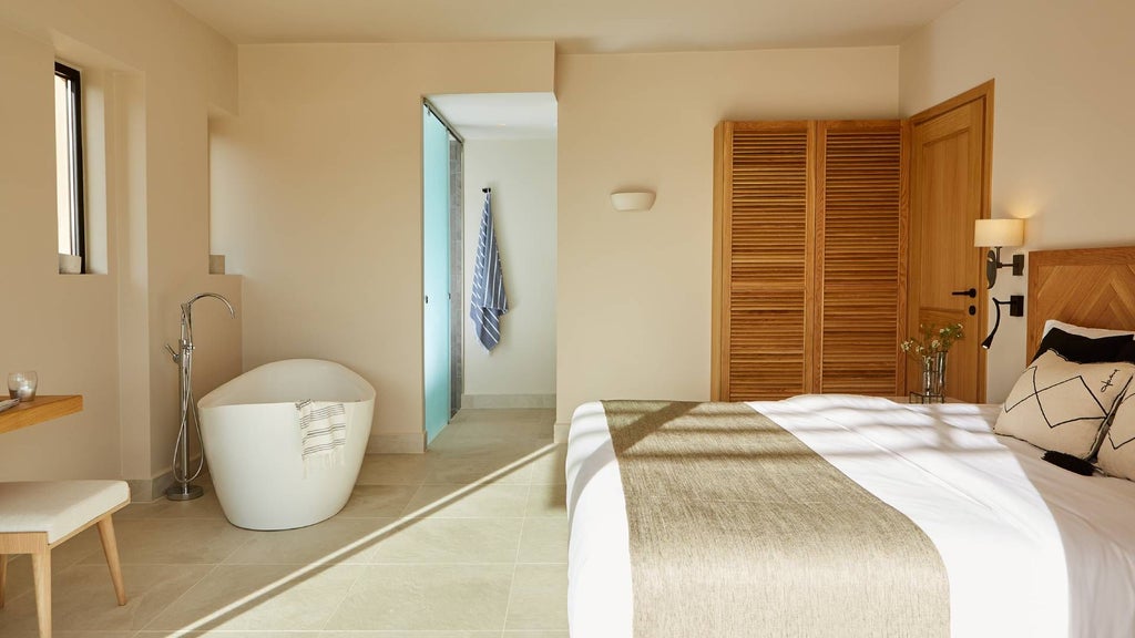 Luxurious premium suite with private hot tub overlooking azure Aegean waters, featuring minimalist design and stunning coastal landscape of Skiathos island, Greece