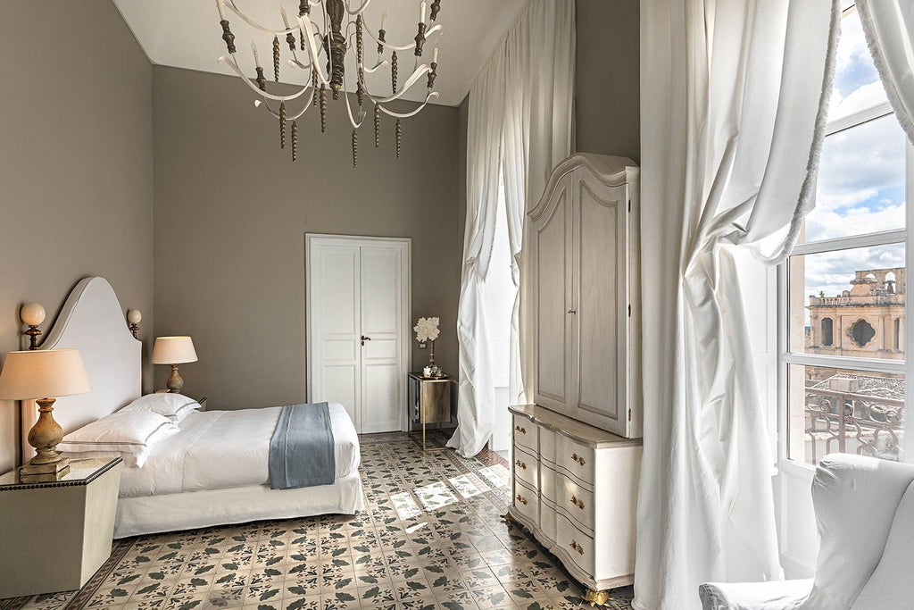 Elegant junior suite with soft neutral tones, ornate wooden furniture, plush white bedding, and panoramic window overlooking historic Italian landscape