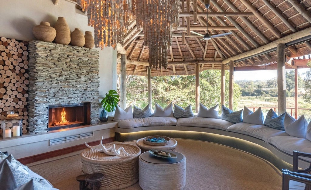 Luxurious safari lodge overlooks African river, featuring thatched-roof suite with private deck, plunge pool and natural surroundings