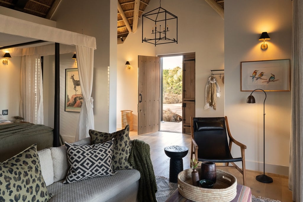 Modern luxurious safari lodge with thatched roof and panoramic deck overlooking a tranquil waterhole in the African bushveld at sunset