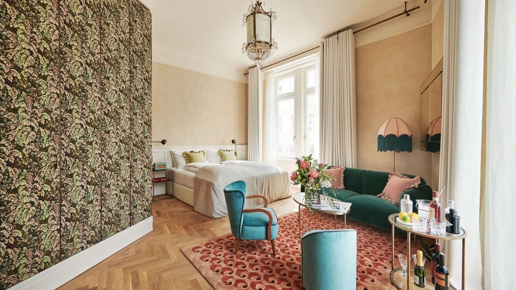 Elegant junior suite with modern Austrian design, featuring plush white bedding, minimalist wooden furniture, and warm ambient lighting