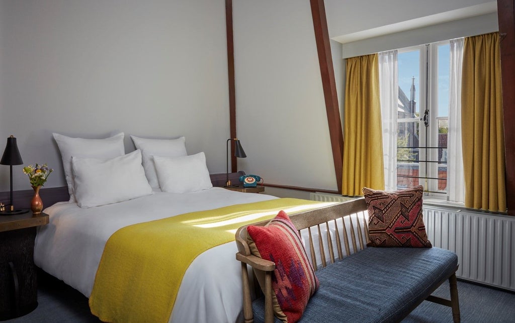 Elegant hotel room with classic Dutch design, plush king bed, floor-to-ceiling windows, antique desk and garden views at Pulitzer Amsterdam