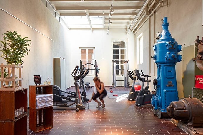 The hotel gym built inside the machine room of the former brewery