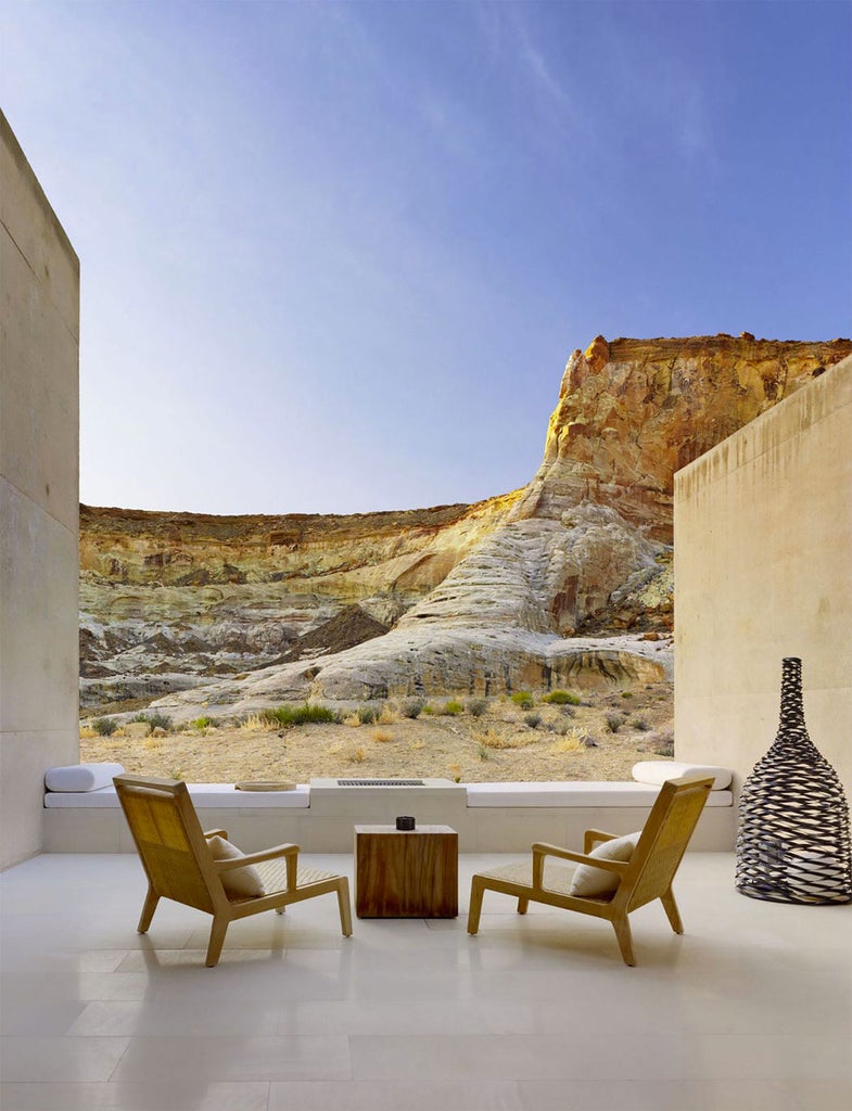 Minimalist luxury hotel suite at Amangiri featuring desert panorama, private plunge pool and sleek concrete architecture in Utah