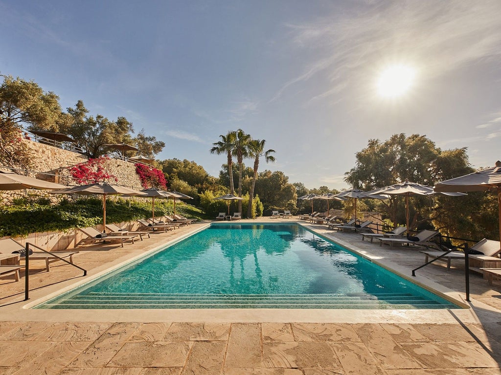 Elegant rustic-modern spa hotel nestled in Spanish countryside with stone walls, infinity pool and panoramic mountain vistas