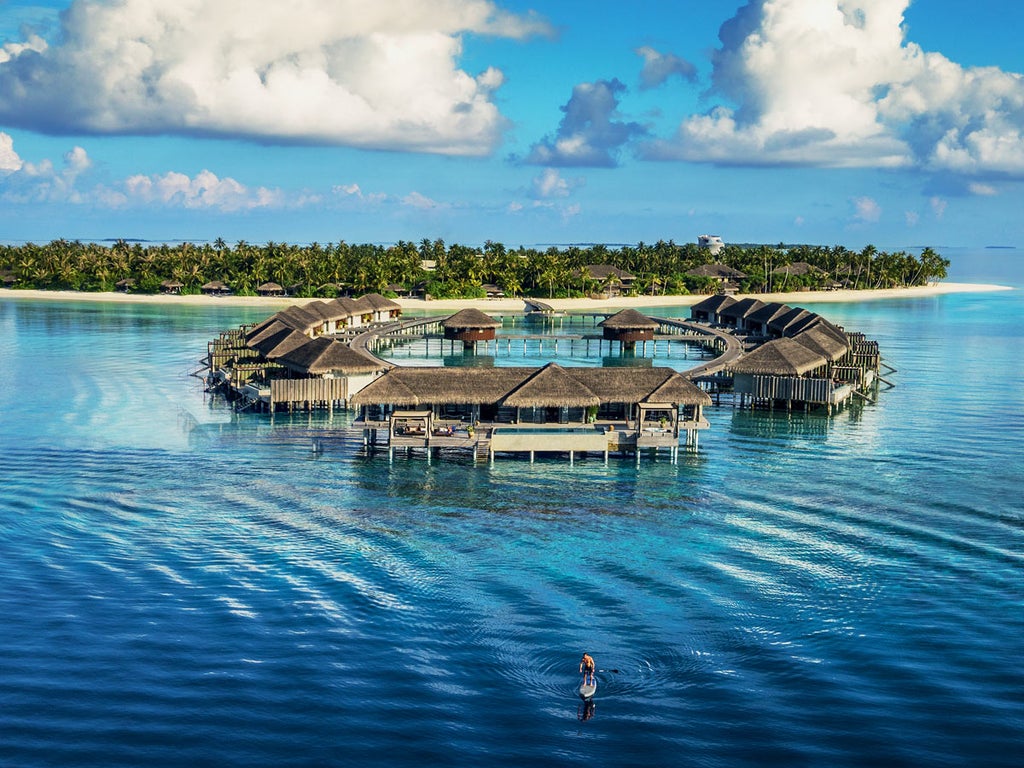 Hotel villa with private infinity pool overlooking turquoise Maldivian lagoon, surrounded by lush palms and white sandy beach