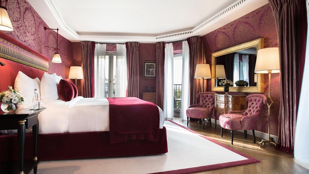 Opulent Eiffel Imperial Suite with plush cream-colored décor, expansive city views, modern French chandelier, and gleaming marble bathroom at luxury Paris hotel