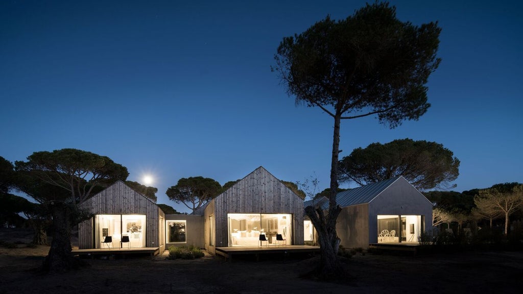 Minimalist luxury suite with expansive bio-pool, natural earth tones, and sleek design overlooking serene landscape in Comporta, Portugal.