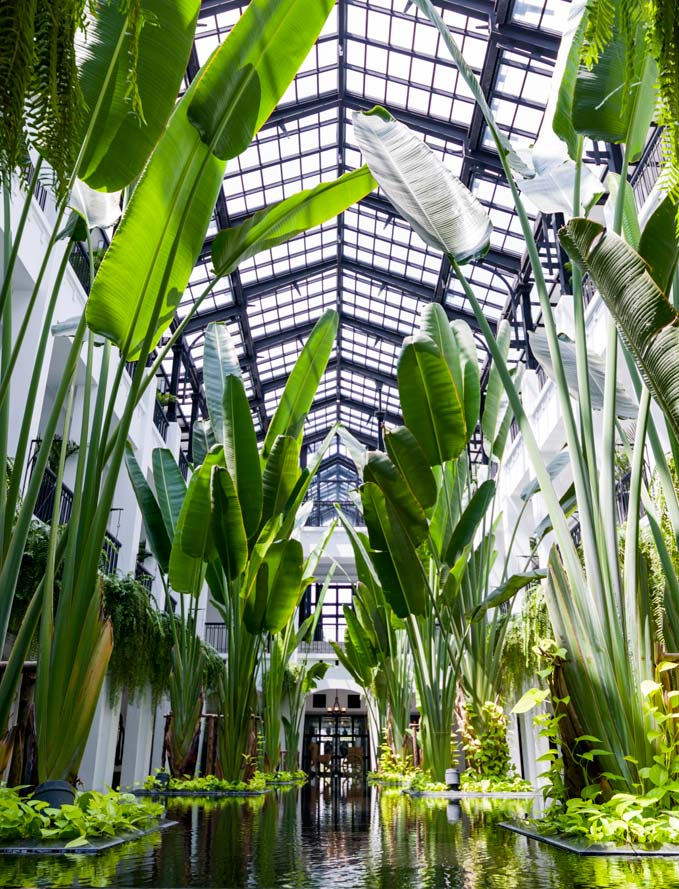 Elegant Thai colonial-style hotel exterior with white columns, ornate archways, tropical gardens and infinity pool overlooking Chao Phraya River