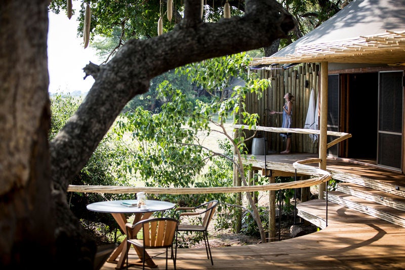 Elevated luxury safari lodge with tented suites overlooking a pristine savanna, featuring a wooden deck and private plunge pool