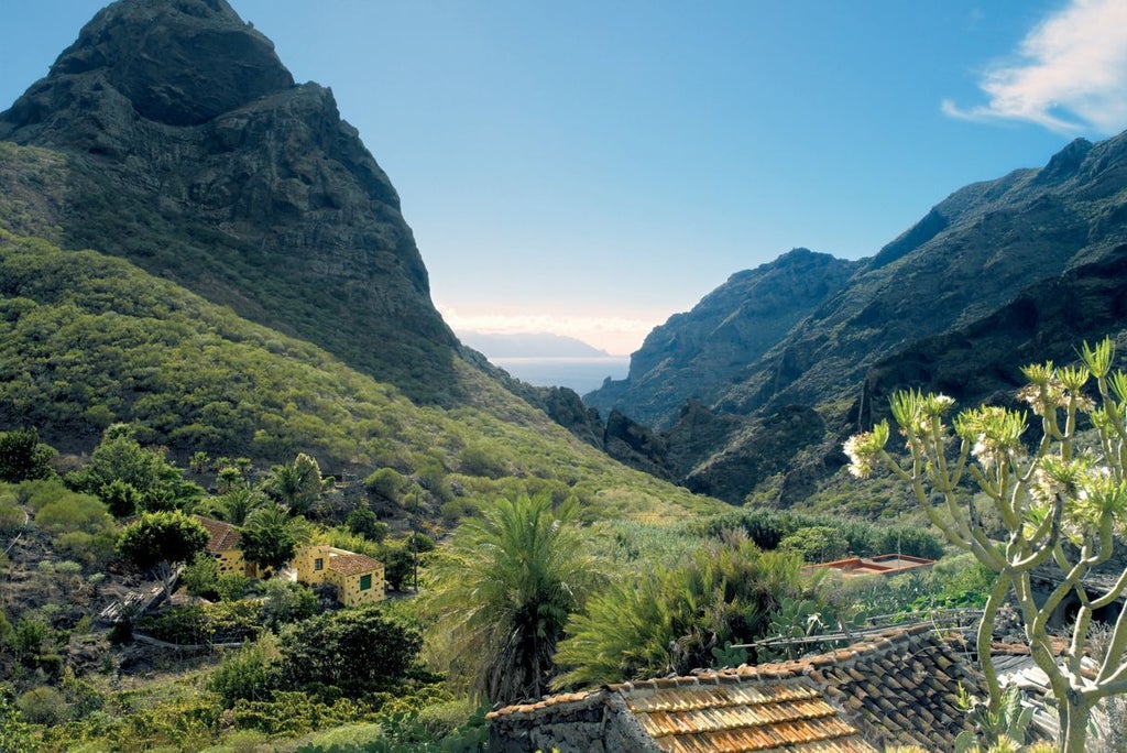 Luxury beachfront resort with terracotta buildings cascading down cliffs, palm-lined pools, and panoramic Atlantic Ocean views