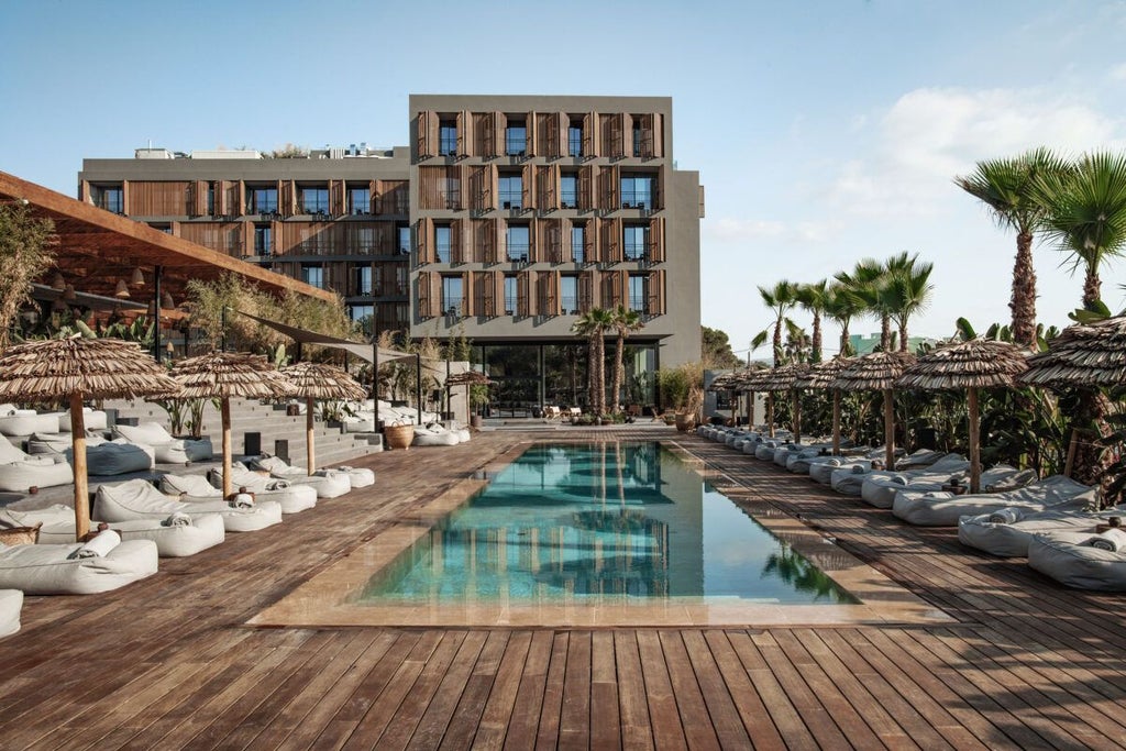 Luxurious infinity pool overlooking white-washed Mediterranean landscape with minimalist design at scenset hotel in coastal Ibiza