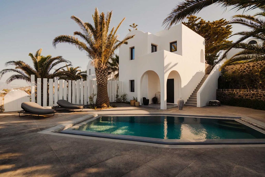 Elegant white villa suite with infinity pool overlooking Santorini caldera, featuring minimalist design and panoramic Aegean Sea views