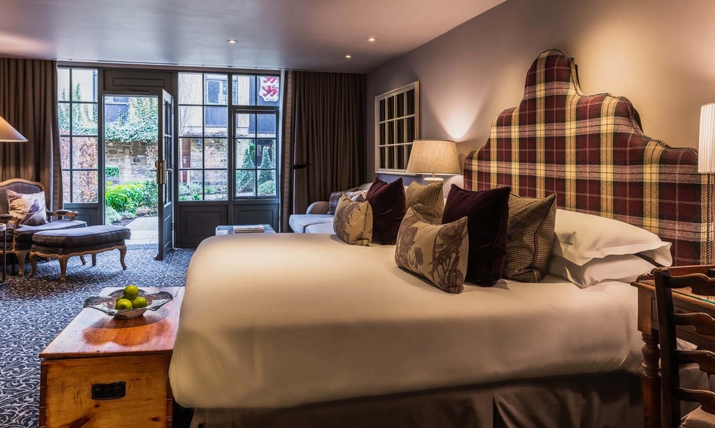 Spacious, elegant accessible courtyard suite at The Lygon Arms with plush seating, soft lighting, and smooth wooden furnishings in neutral tones