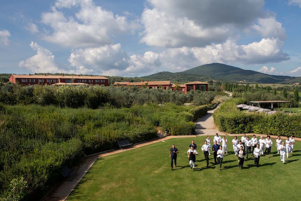 Rustic stone villa nestled in Tuscan countryside, warm terracotta rooftops, lush green cypress trees, golden afternoon sunlight casting shadows