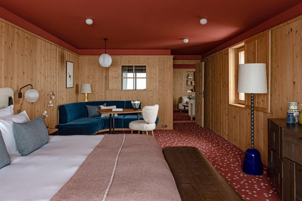 Luxurious ski resort suite with alpine wood paneling, modern elegant furnishings, soft neutral tones, and expansive mountain view windows at Le Coucou Méribel