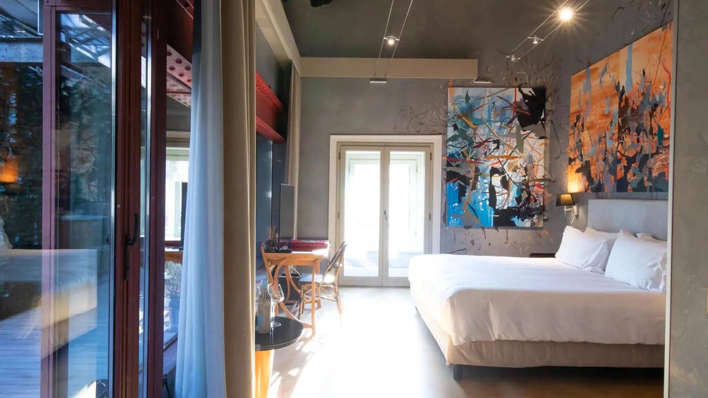 Luxurious terrace room with panoramic Milan cityscape, sleek modern decor, expansive glass doors opening to stunning urban views and architectural elegance