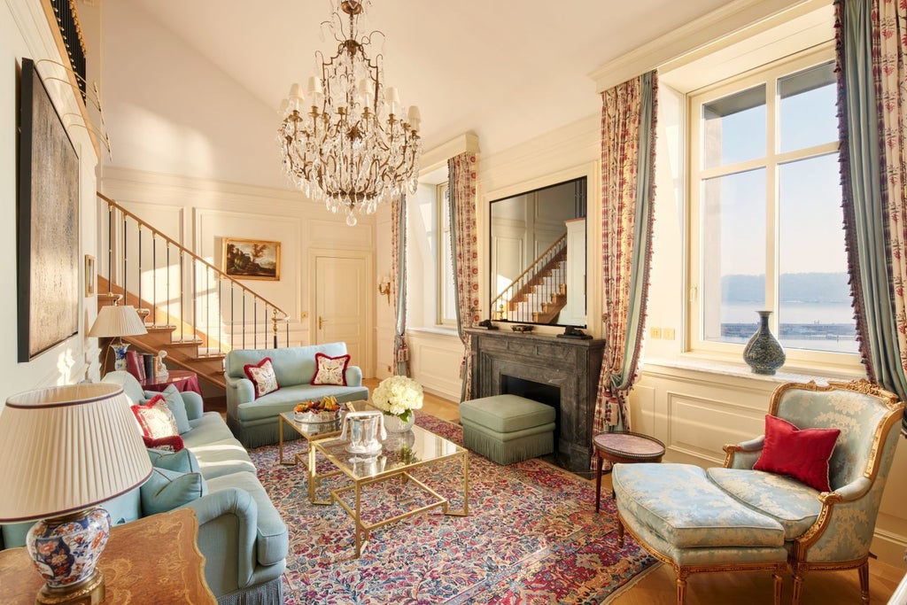 Historic luxury lakefront hotel in Geneva with Belle Époque architecture featuring ornate facade, balconies and Swiss flag flying above