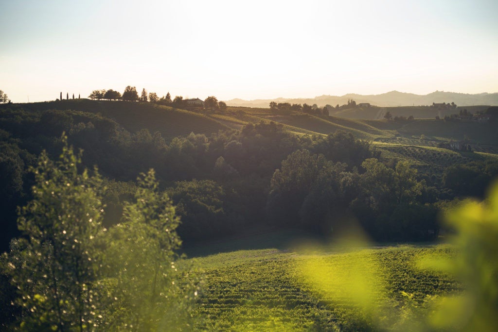 Elegant Mediterranean villa hotel with stone facade, lush cypress trees, and panoramic Tuscan landscape in golden afternoon light