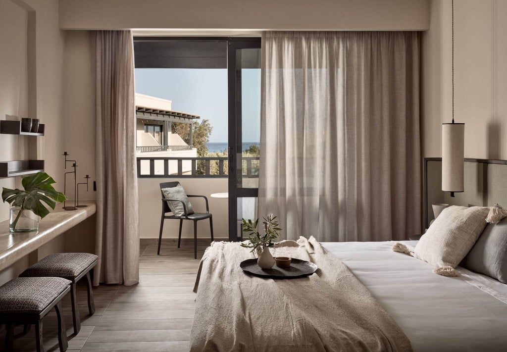 Luxurious king room with private balcony overlooking azure Cretan waters, featuring modern decor and elegant furnishings at scenset beachfront resort