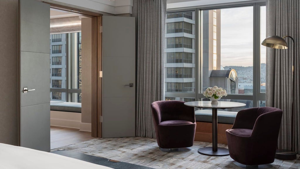 Lavish Presidential Suite with panoramic city skyline, plush king bed, marble bathroom, and modern minimalist decor in Four Seasons luxury hotel