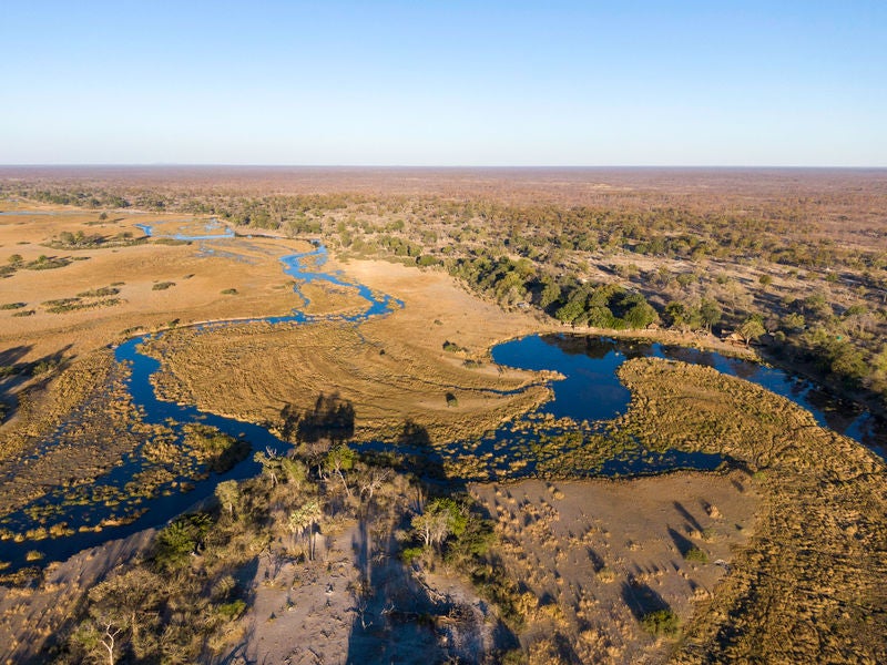 Luxurious safari suite with private plunge pool overlooking Linyanti River, wooden deck chairs and shaded canopy in wild Botswana