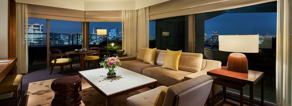 Elegant Garden Suite at luxury Tokyo hotel with sophisticated minimalist design, panoramic city view, and traditional Japanese aesthetic elements