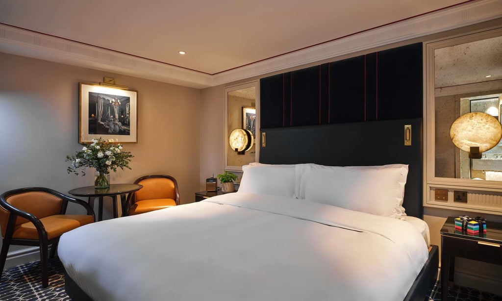 Elegant deluxe hotel room with plush grey headboard, rich navy bedding, sophisticated modern decor, and soft ambient lighting in a luxurious UK boutique setting