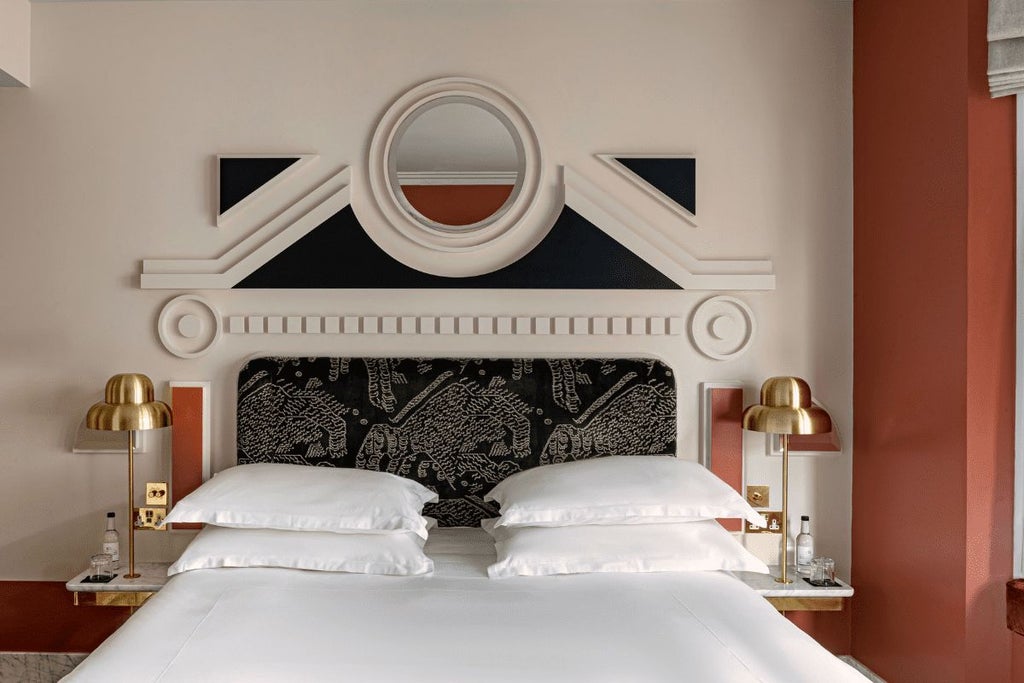 Elegant floral-themed superior hotel room with plush white bedding, soft botanical wallpaper, and luxurious neutral furnishings in a sophisticated United Kingdom setting