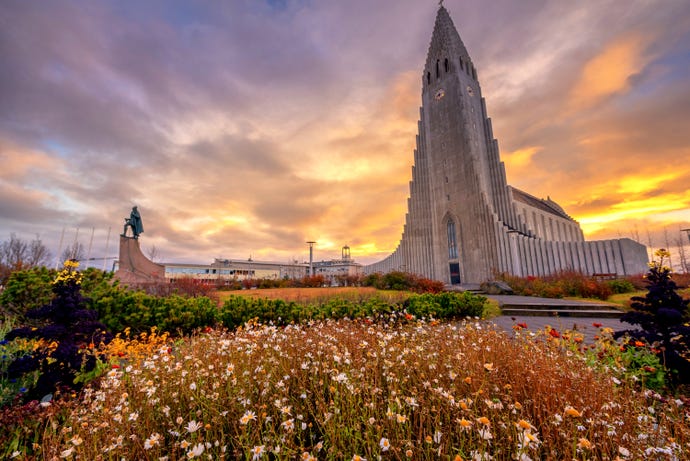 Hallgrímskirkja and the statue of explorer Leif Eriksson in Reykjavik
