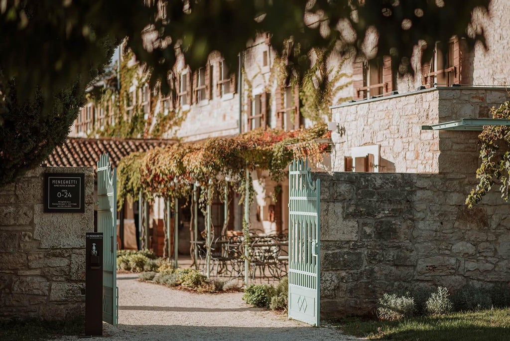 Luxurious stone-built Croatian villa with elegant pool terrace surrounded by manicured gardens and olive groves at sunset