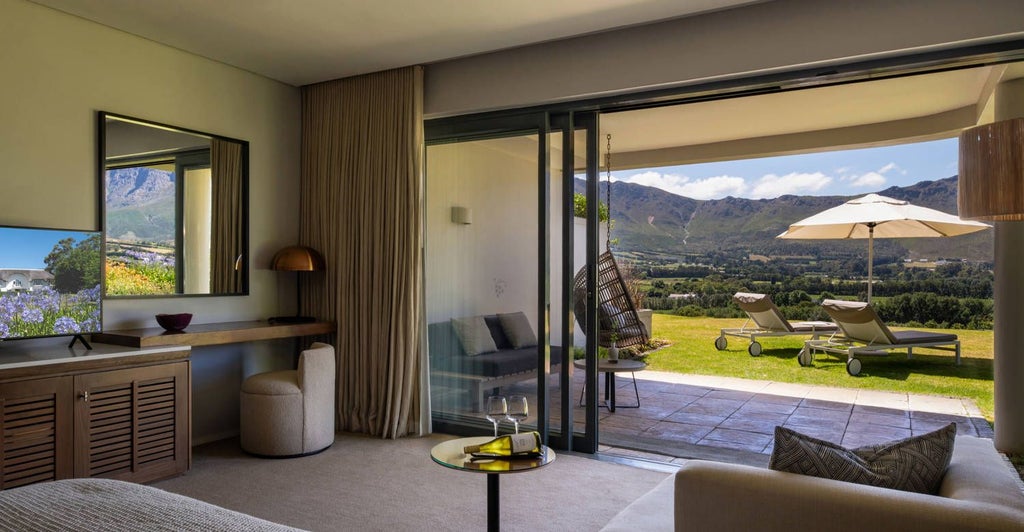 Luxurious king-sized bed with crisp white linens, elegant wood furniture, and warm sunset-toned decor in a spacious South African wine country hotel room