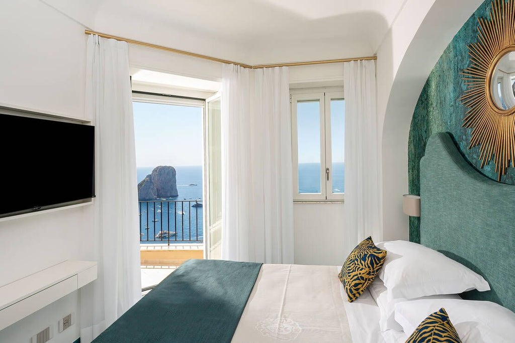 Elegant marble-floored luxury suite with expansive windows overlooking Italian coastal landscape, plush king bed, and modern minimalist design in soft neutral tones