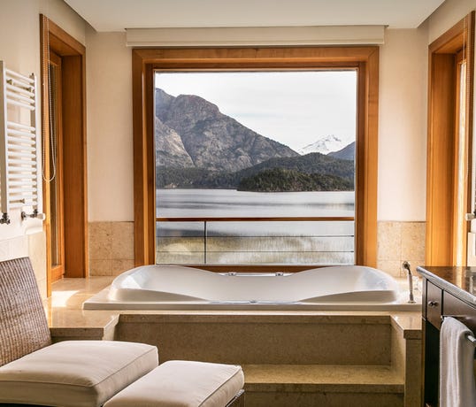 Soaking tub with mountain views
